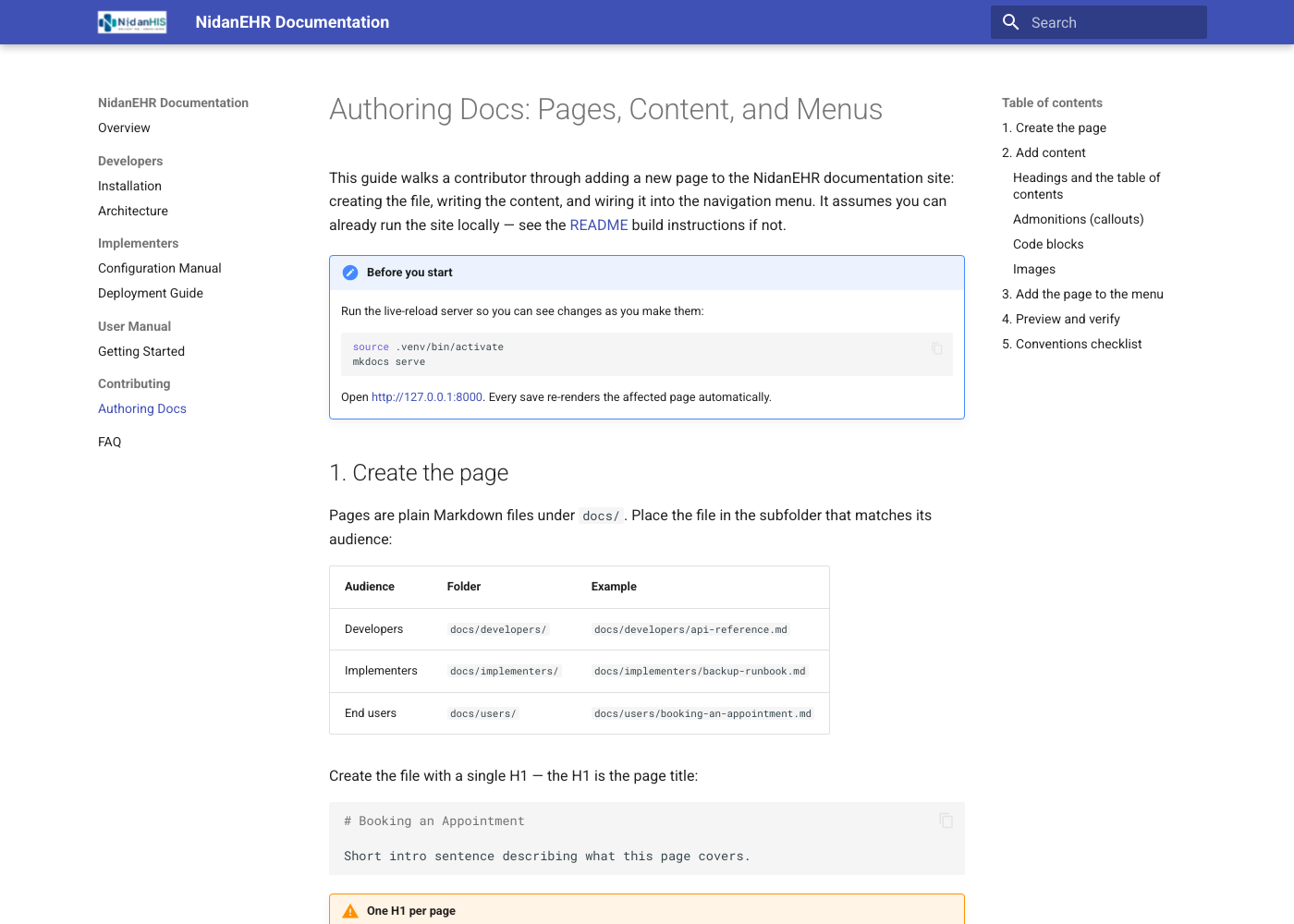NidanEHR docs site with section navigation